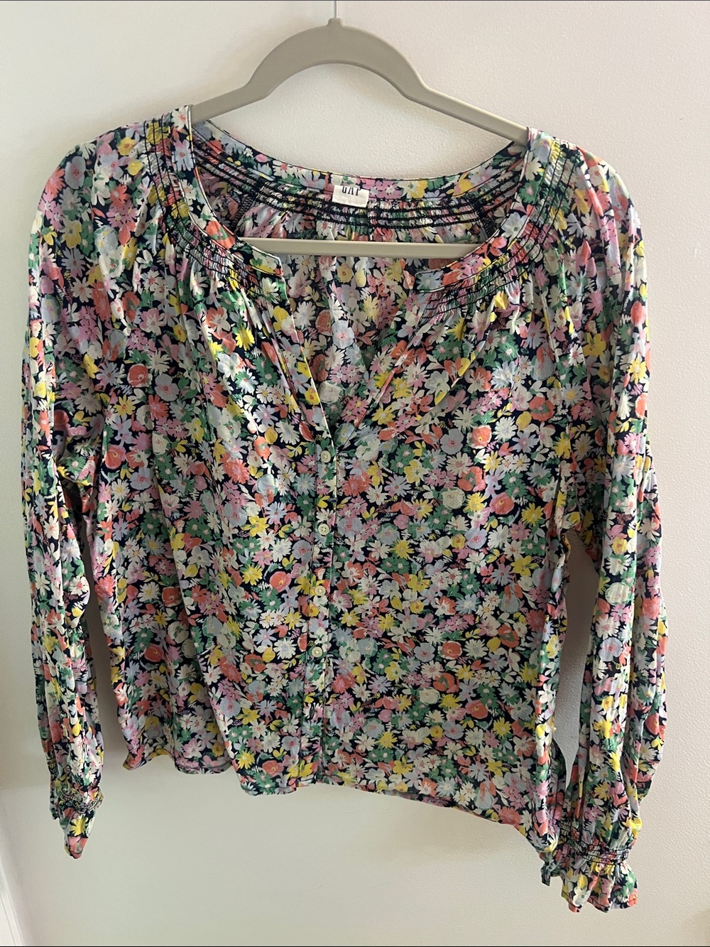 GAP Floral Scoop-Neck Long Sleeve Top - Pink, Yellow, Green, Cream